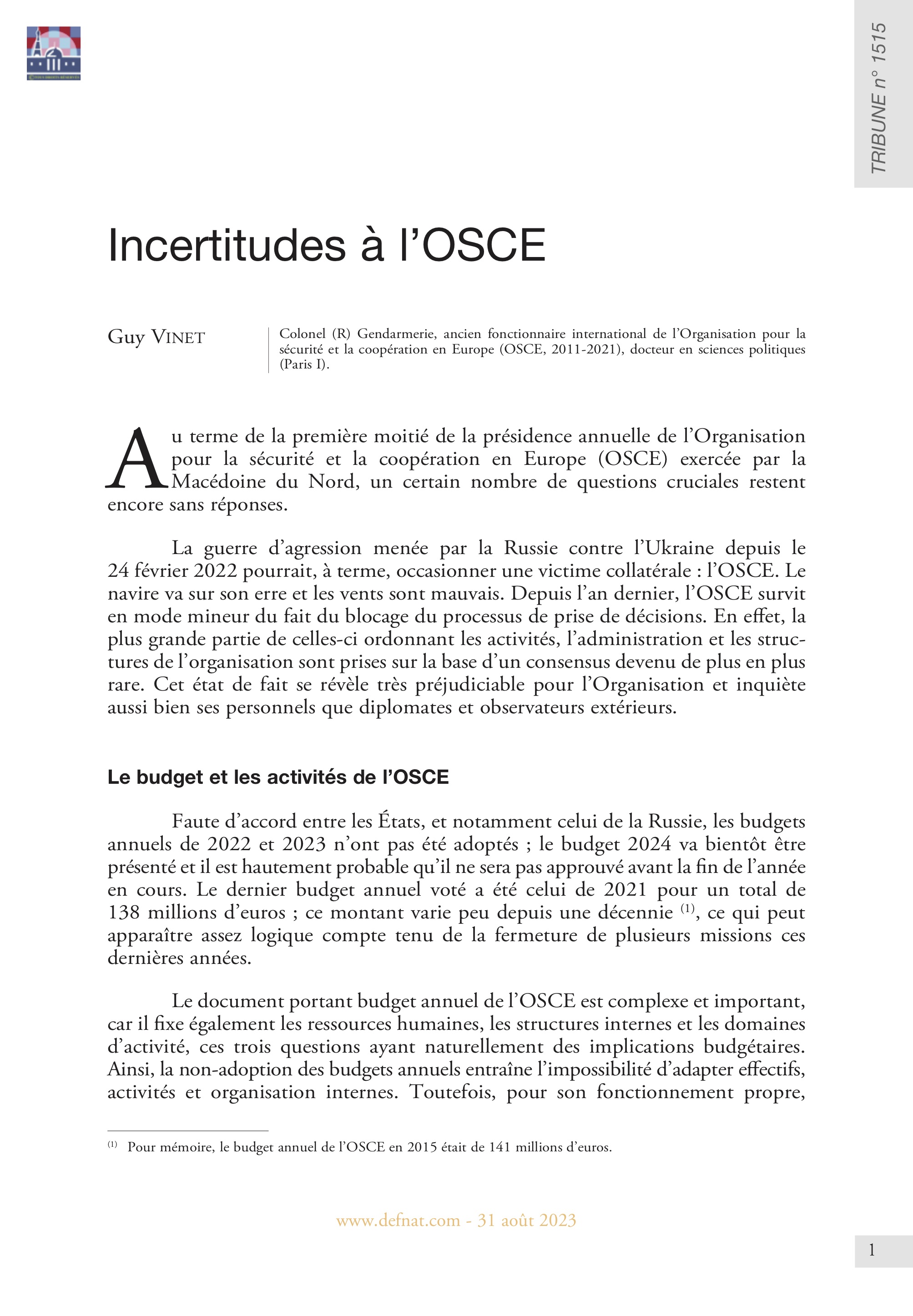 Incertitudes à l’OSCE (T 1515)
